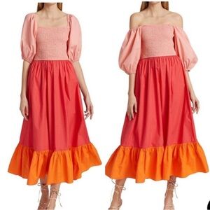 RHODE Eloise strawberry Colorblock cotton poplin Midi Dress with Smocking S